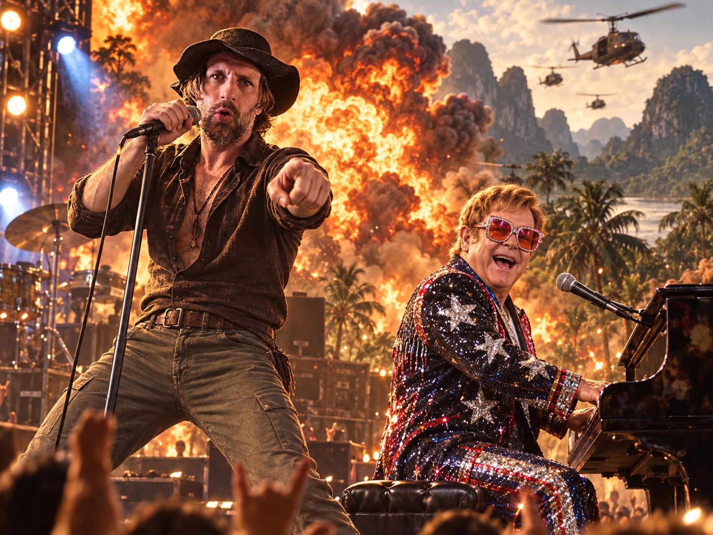 AI-skapt fantasi: Christoun synger på scenen med Elton John ved flygelet, foran en dramatisk eksplosjon i Vietnam